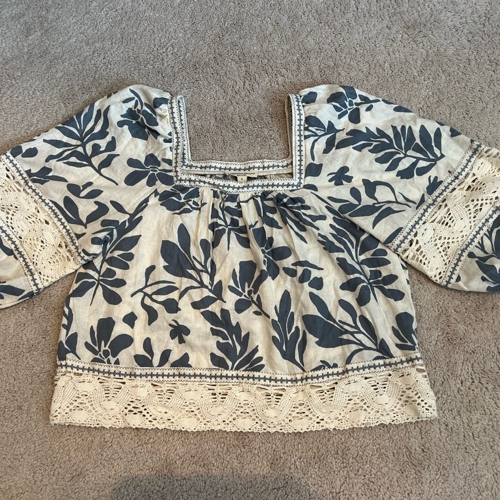 Christian Siriano White and Blue Smocked Ruffled Blouse with crocheted accents